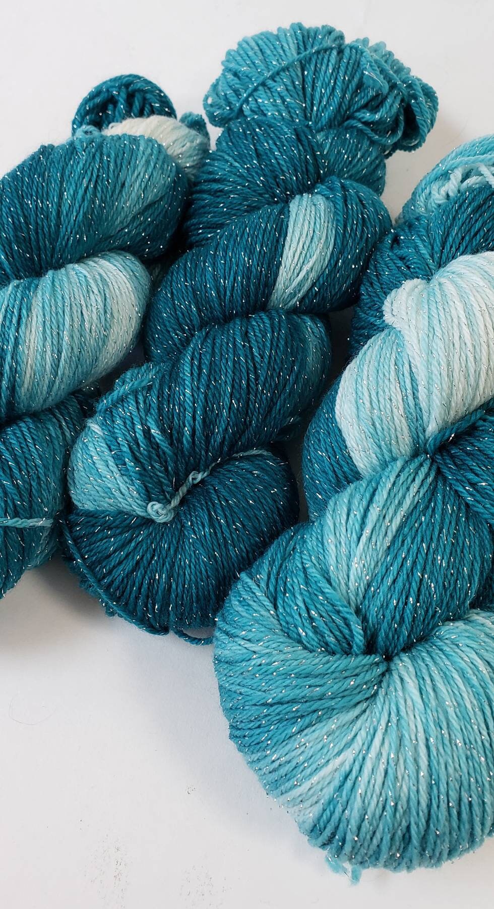 Tempting Teal in Silver Sparkle Superwash Merino Blend Fingering Weight Yarn