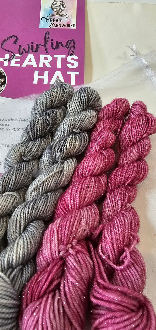 Swirling Hearts Knitted Hat Kit - Pattern and Yarn Included - Shades of Grey and Valentine Blush Sparkles