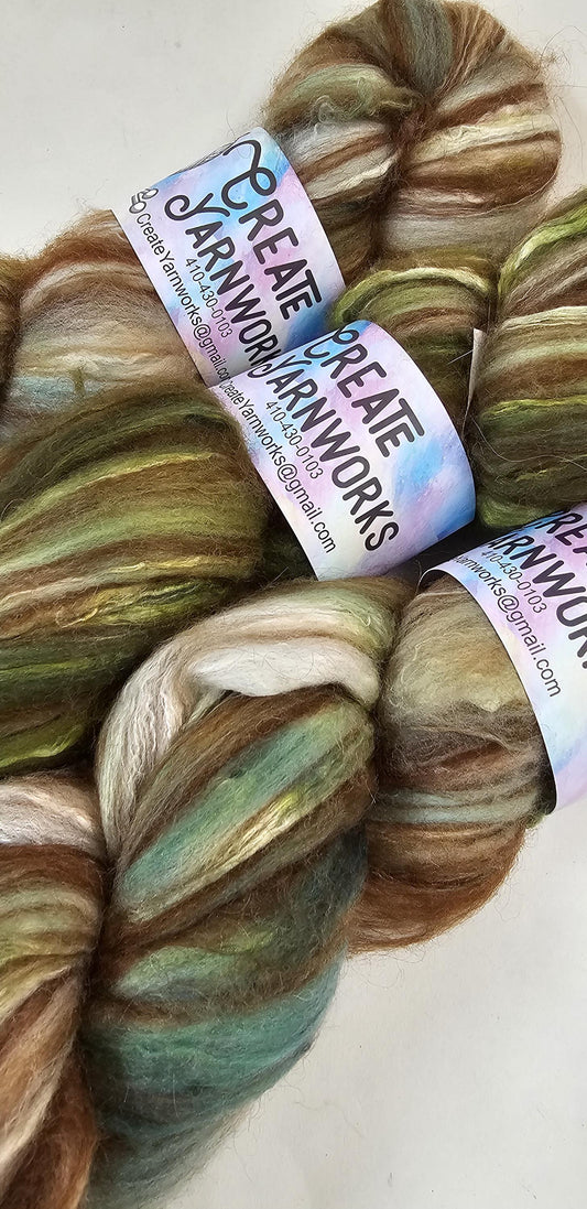 Pistachio in Merino/ Brown Alpaca/ Camel/ Mulberry Silk blend Top 4oz braid