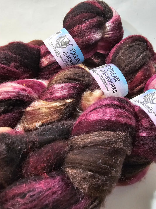 Burgundy Bark in Merino/Tussah Silk 70/30 blend Top 4oz braid