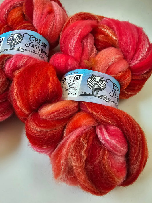 Hibiscus Heat in Targhee, Bamboo and Silk Top Roving Custom Blend 4oz braid