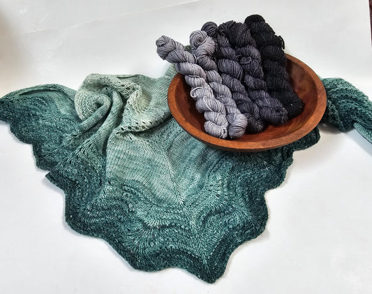 Gradient Knitted Shawl Kit in Almost Black Sparkle Gradient - Pattern and Yarn Included