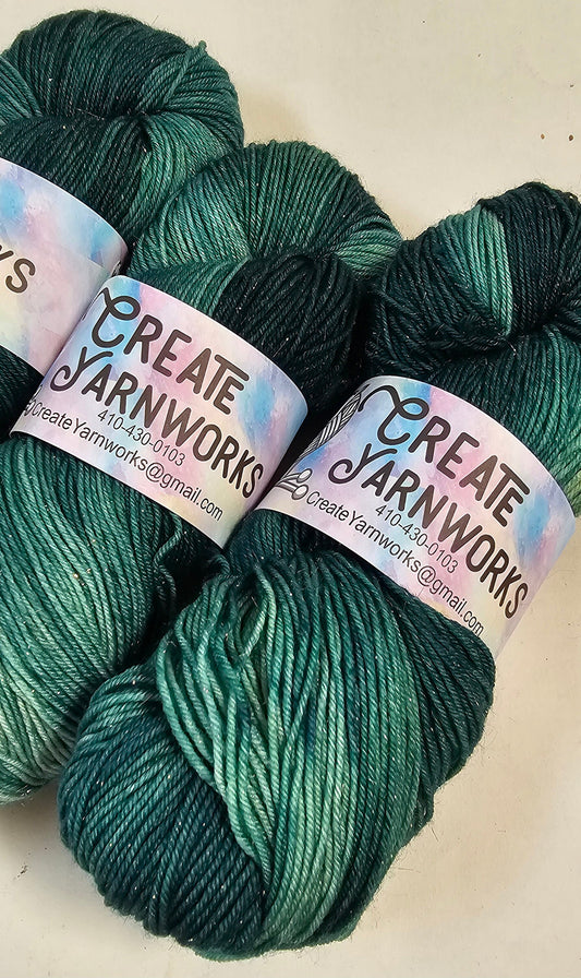 Forest in Gold Sparkle Superwash Merino Blend Fingering Weight Yarn