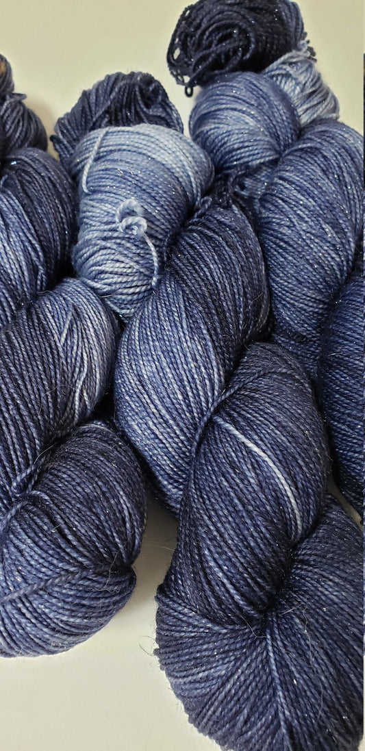 Navy in Gold Sparkle Superwash Merino Blend Fingering Weight Yarn