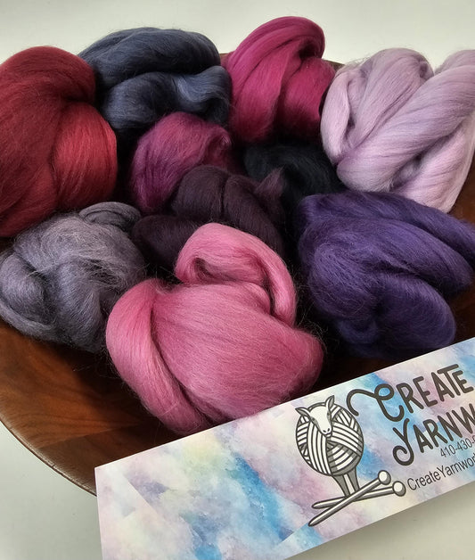 Purples in 23 micron Merino Fiber for Needle Felting, Wet Felting, or Spinning
