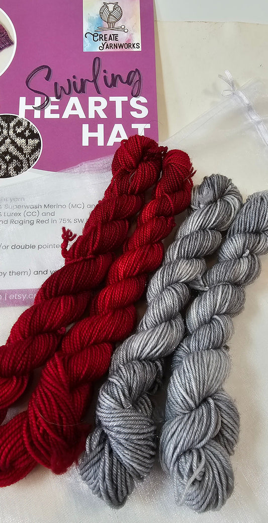 Swirling Hearts Knitted Hat Kit - Pattern and Yarn Included - Ragin' Red and Shades of Grey Sparkle