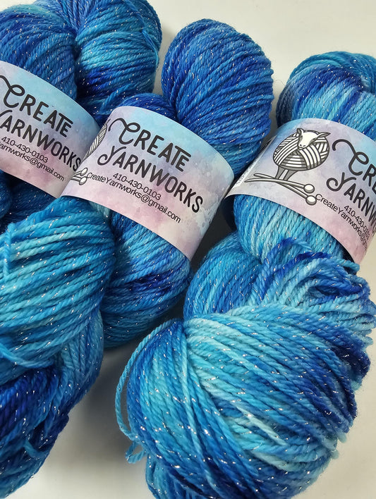 Blue Skies in Silver Sparkle Superwash Merino Blend Fingering Weight Yarn