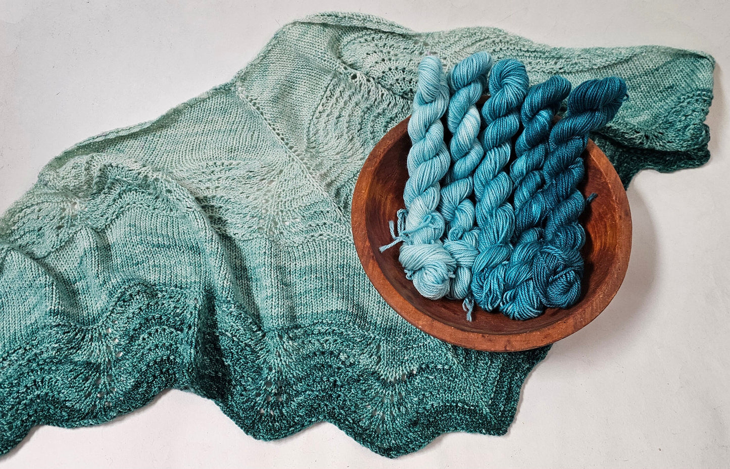 Gradient Knitted Shawl Kit in Tempting Teal Sparkle Gradient - Pattern and Yarn Included
