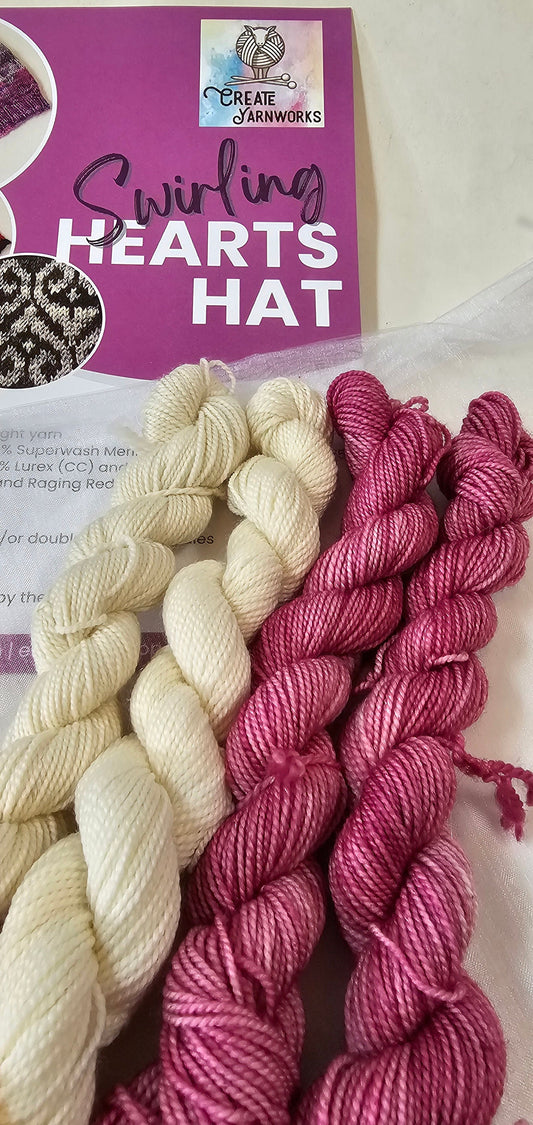 Swirling Hearts Knitted Hat Kit - Pattern and Yarn Included - Cream and Valentine Blush