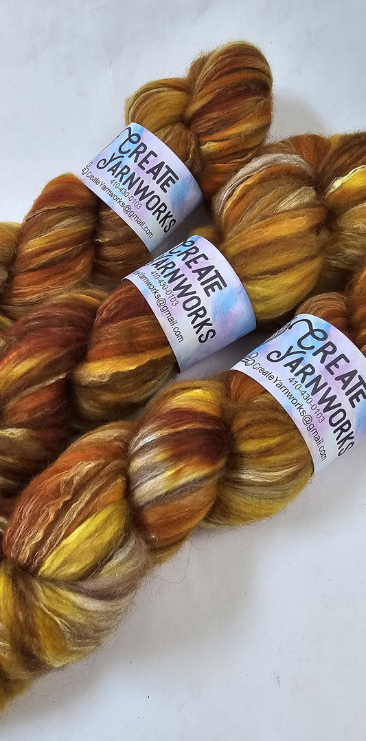 Goldilocks in Merino/ Brown Alpaca/ Camel/ Mulberry Silk blend Top 4oz braid