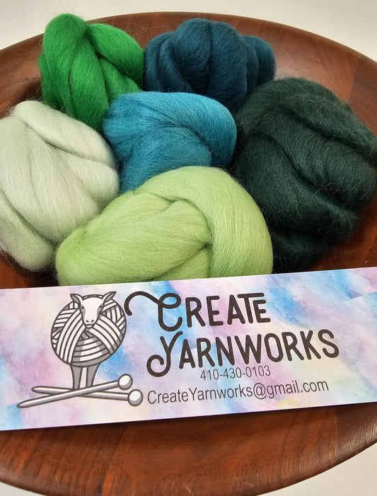 Shades of Green in Corriedale Wool Fiber for Needle Felting, Wet Felting, or Spinning