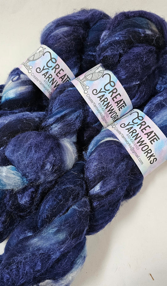 Navy in Polwarth/Tussah Silk 67/33 custom blend Top 4oz braid