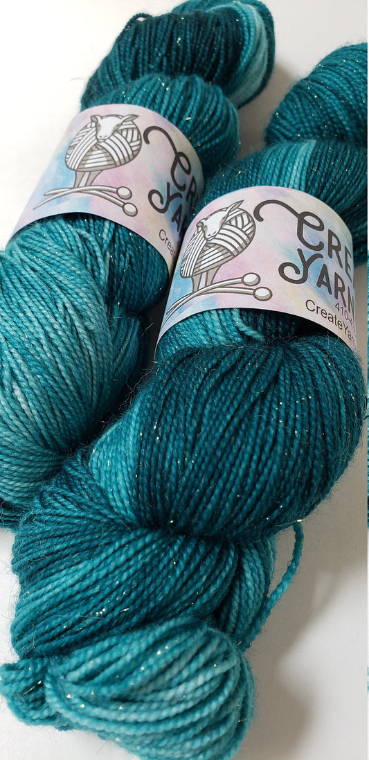 Tempting Teal in Gold Sparkle Superwash Merino Blend Fingering Weight Yarn