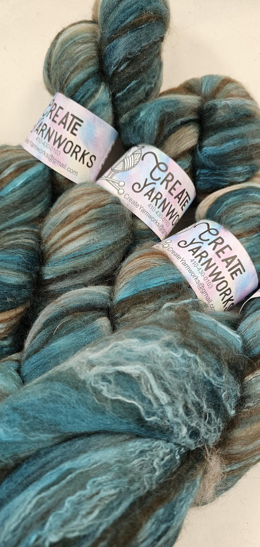 Tempting Teal in Merino/ Brown Alpaca/ Camel/ Mulberry Silk blend Top 4oz braid