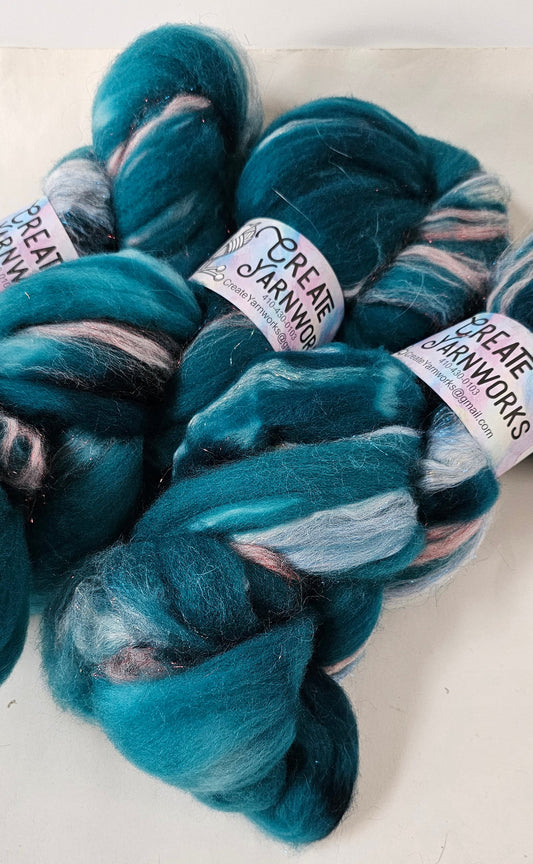 Tempting Teal in Superwash Merino & Stellina Blend 4oz braid
