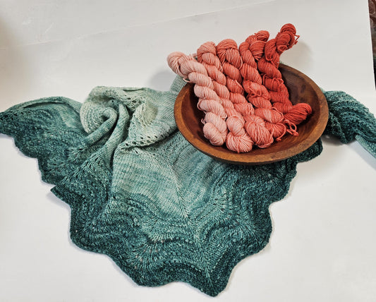 Gradient Knitted Shawl Kit in Broken Peach Sparkle Gradient - Pattern and Yarn Included