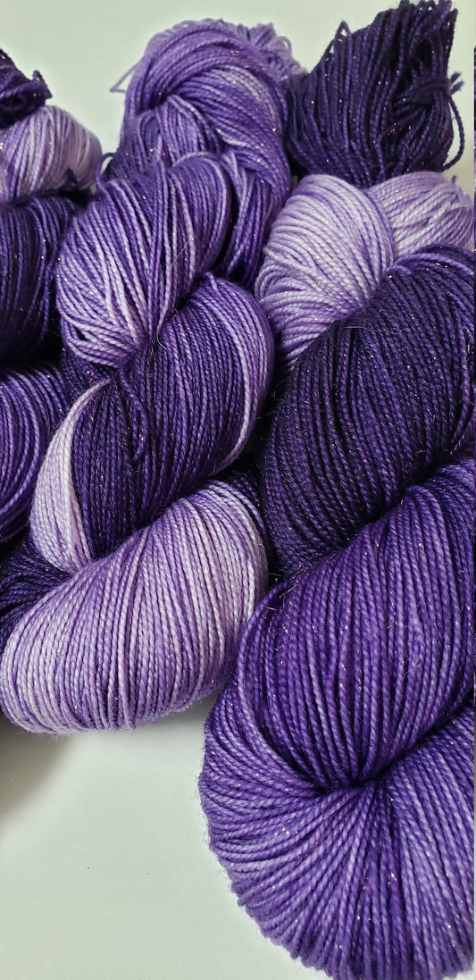Purples in Gold Sparkle Superwash Merino Blend Fingering Weight Yarn