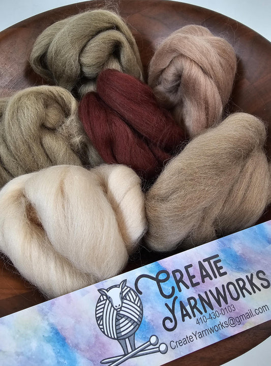 Earth Tones in Shetland Wool Fiber for Needle Felting, Wet Felting, or Spinning