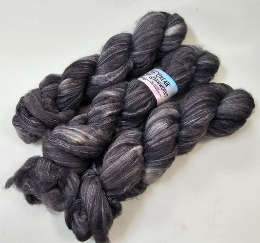 Almost Black in BFL, Rose Fiber and Baby Alpaca Top Roving Blend 4oz braid
