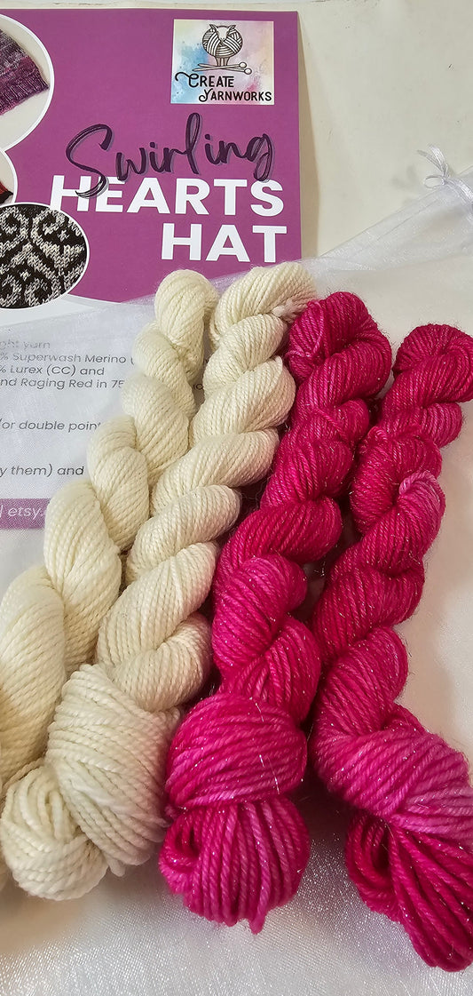 Swirling Hearts Knitted Hat Kit - Pattern and Yarn Included - Cream and Hot Pink Sparkles