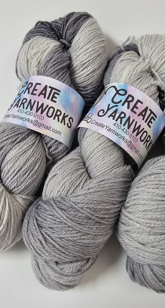 Stormy Skies in Silver Sparkle Superwash Merino Blend Fingering Weight Yarn