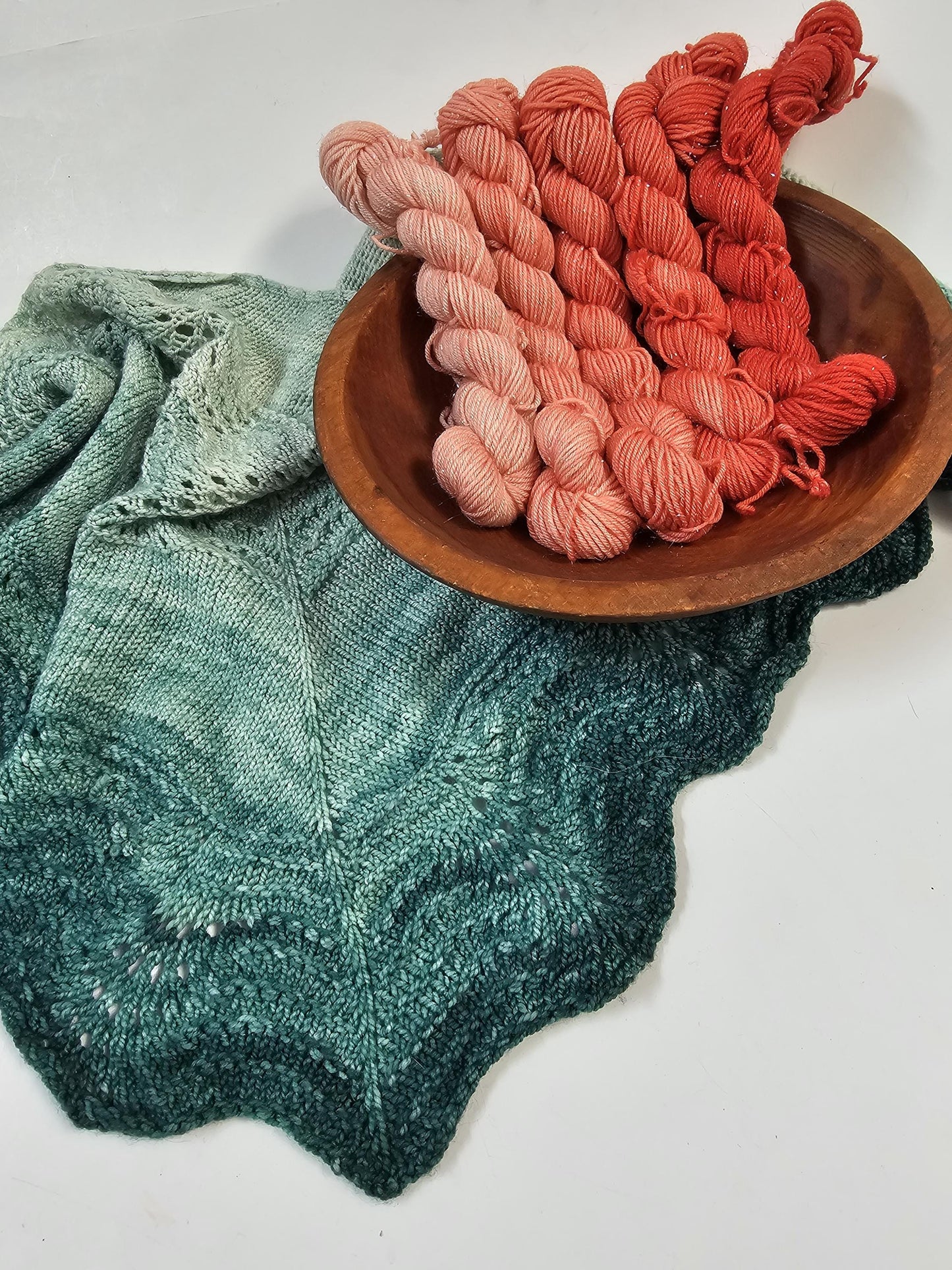 Gradient Knitted Shawl Kit in Broken Peach Sparkle Gradient - Pattern and Yarn Included