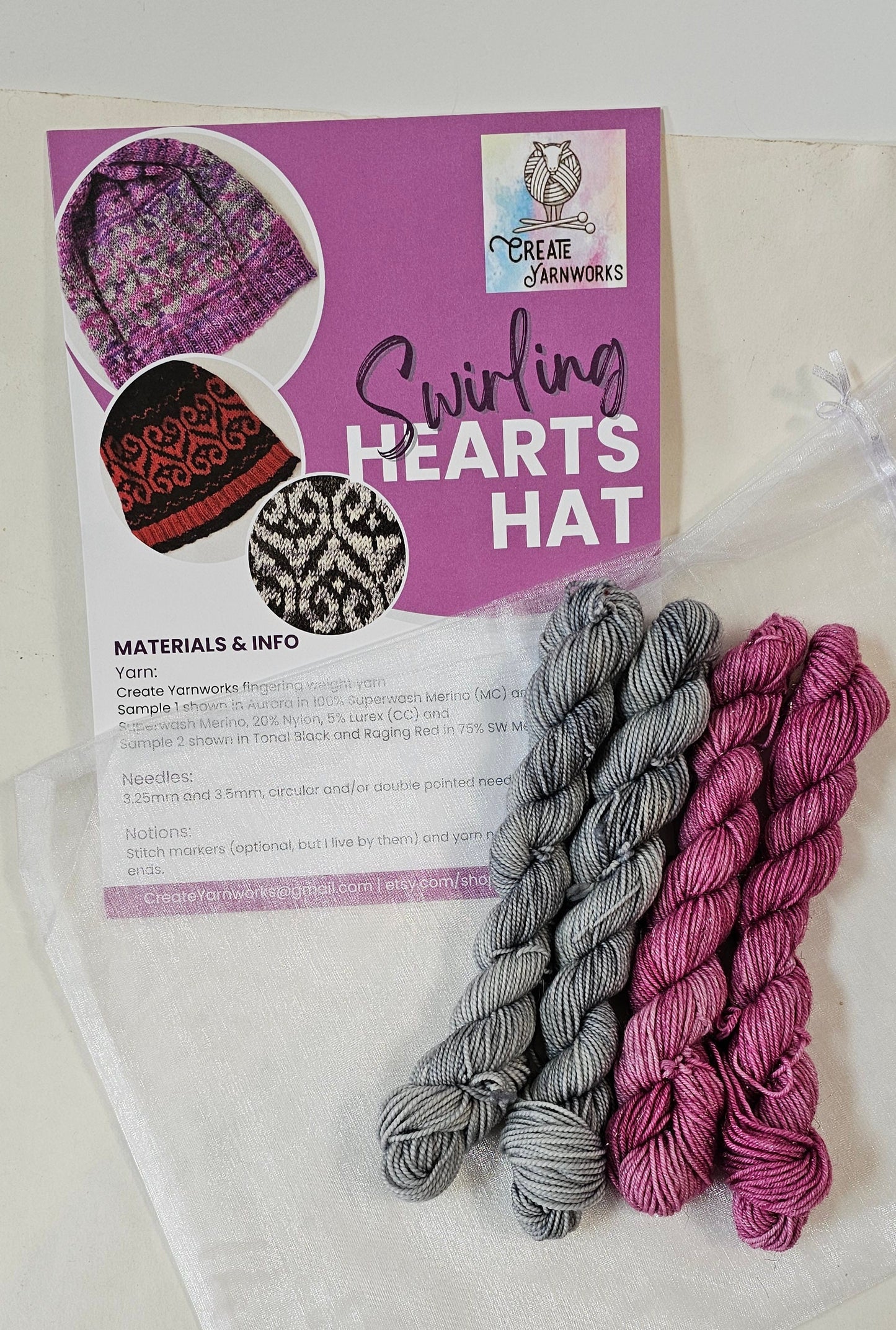 Swirling Hearts Knitted Hat Kit - Pattern and Yarn Included - Shades of Grey and Valentine Blush Sparkles