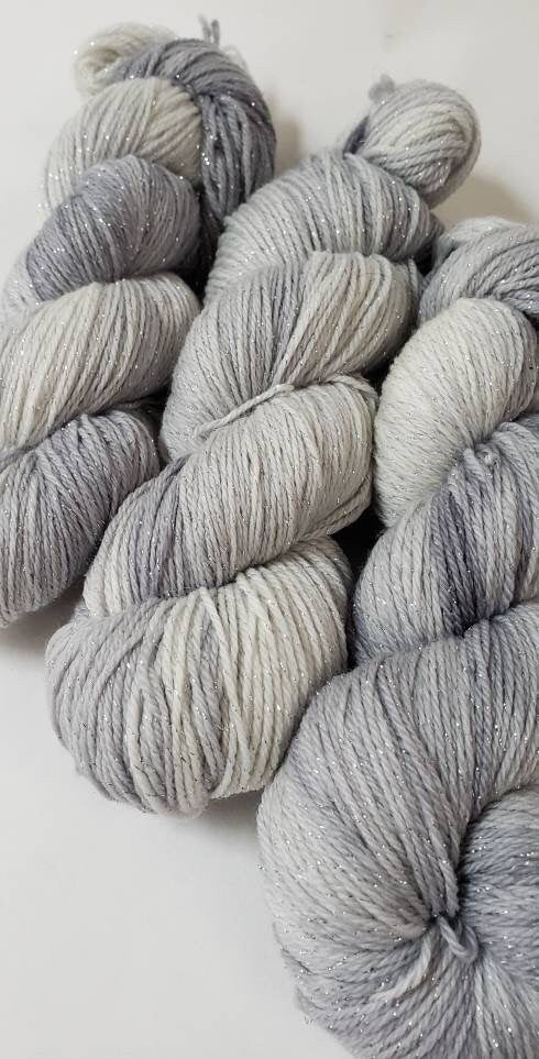 Stormy Skies in Silver Sparkle Superwash Merino Blend Fingering Weight Yarn