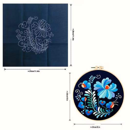 Blue Jacobean Style Floral Embroidery Kit
