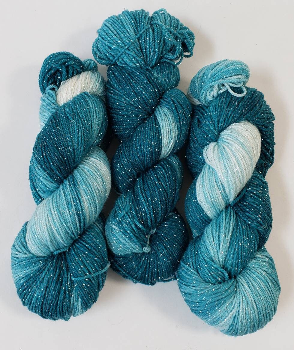 Tempting Teal in Silver Sparkle Superwash Merino Blend Fingering Weight Yarn