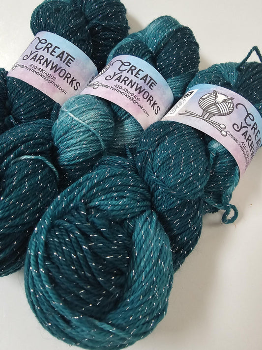Tempting Teal in Silver Sparkle Superwash Merino Blend Fingering Weight Yarn