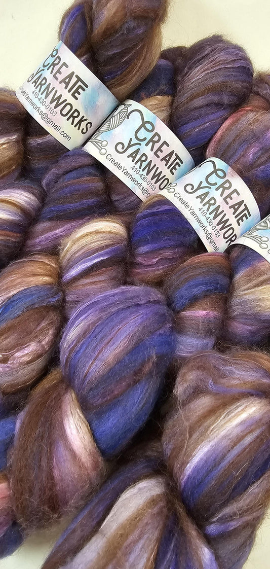 Lavender in Merino/ Brown Alpaca/ Camel/ Mulberry Silk blend Top 4oz braid