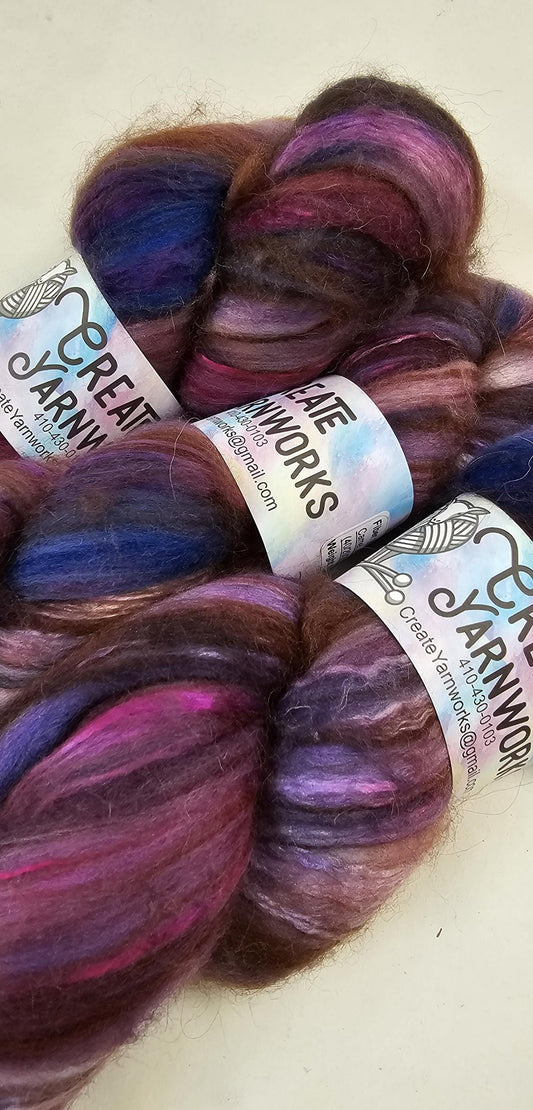 Purples in Merino/ Brown Alpaca/ Camel/ Mulberry Silk blend Top 4oz braid