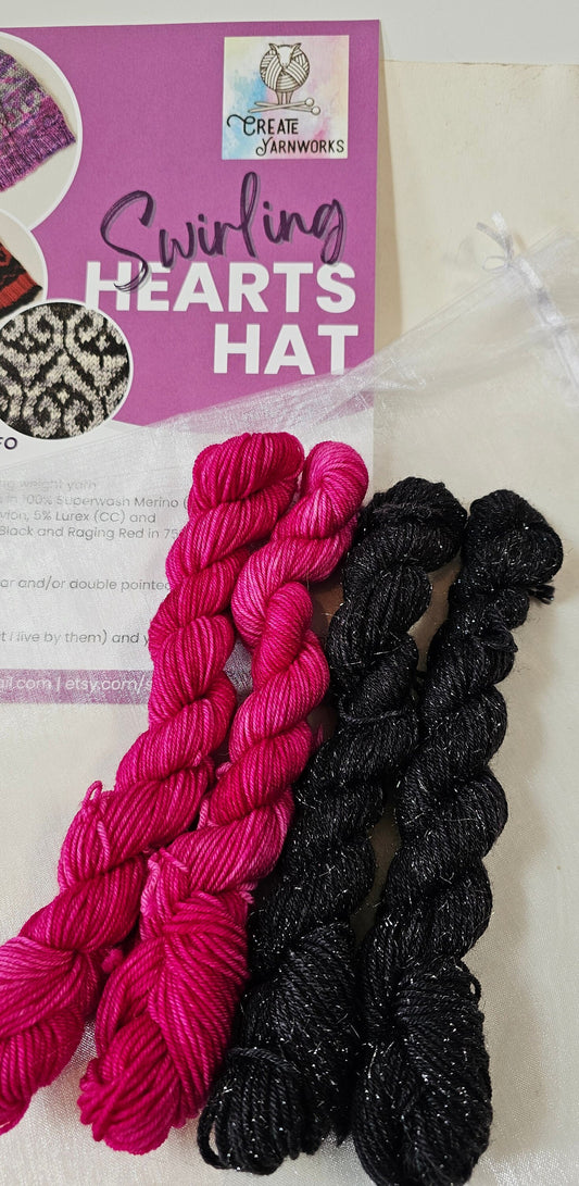 Swirling Hearts Knitted Hat Kit - Pattern and Yarn Included - Hot Pink and Tonal Black Sparkles