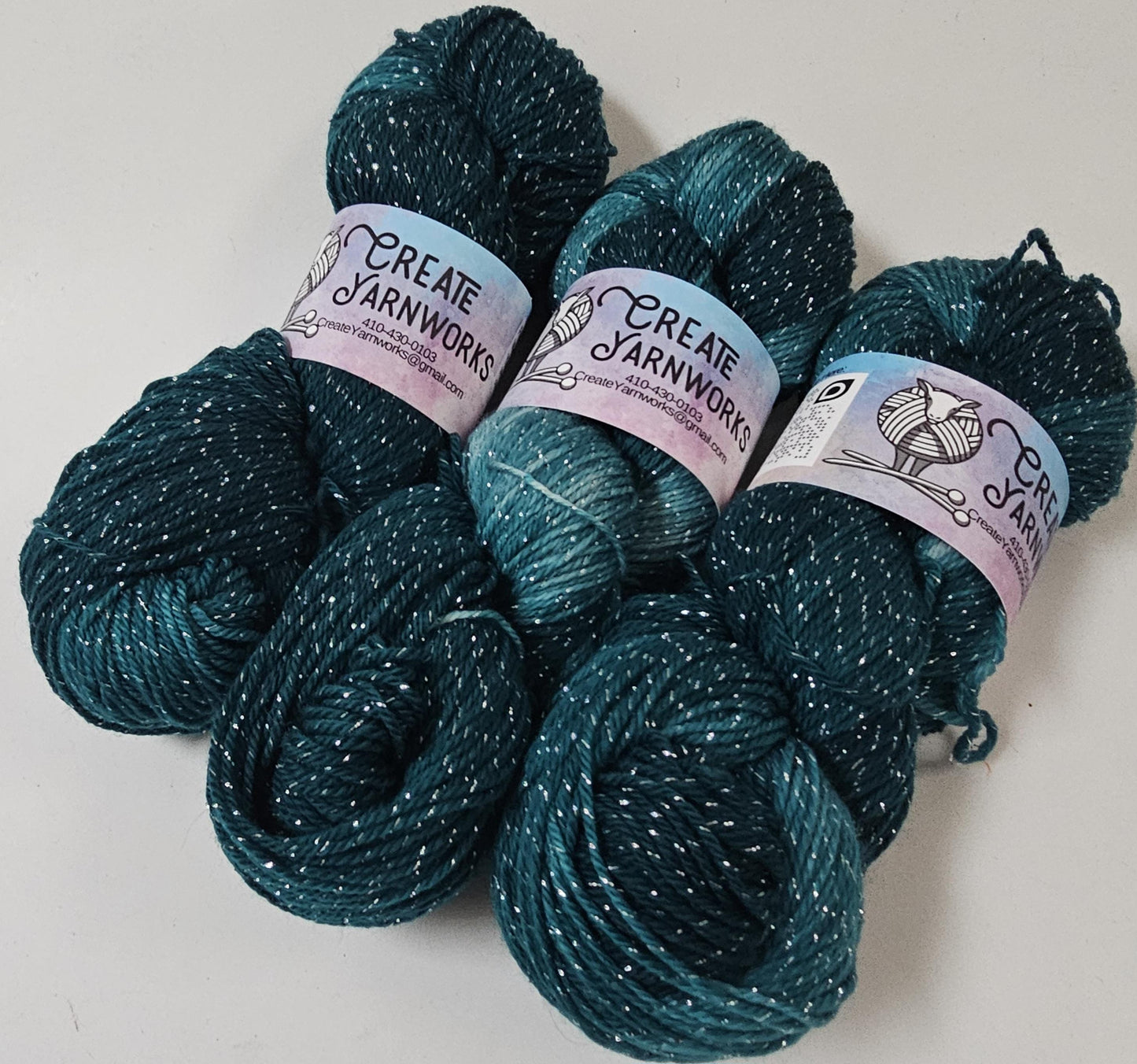 Tempting Teal in Silver Sparkle Superwash Merino Blend Fingering Weight Yarn