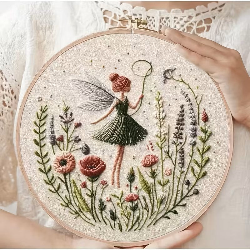 Green Garden Fairy with Flowers Embroidery Kit