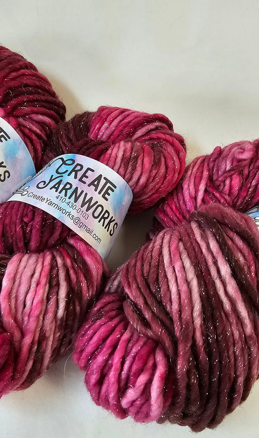 Raspberry Wine in Silver Sparkle Superwash Merino Blend Super Bulky Weight Yarn