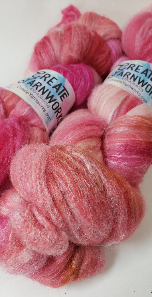 Pretty in Pink in Polwarth/Tussah Silk 67/33 custom blend Top 4oz braid