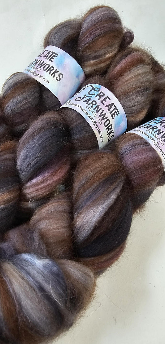Stormy Skies in Merino/ Brown Alpaca/ Camel/ Mulberry Silk blend Top 4oz braid