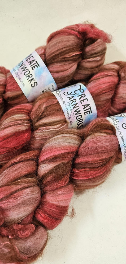 Pretty in Pink in Merino/ Brown Alpaca/ Camel/ Mulberry Silk blend Top 4oz braid
