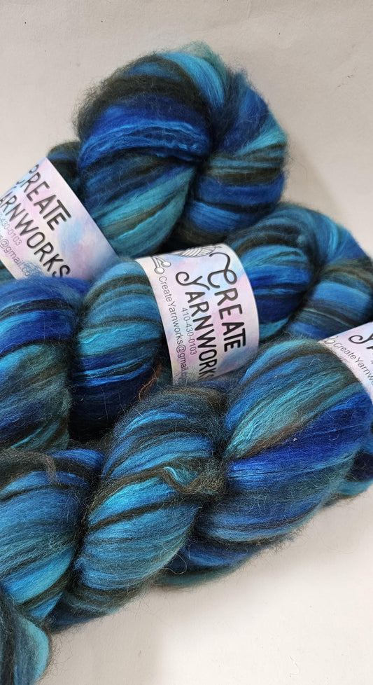 Blue Skies in Merino/ Brown Alpaca/ Camel/ Mulberry Silk blend Top 4oz braid
