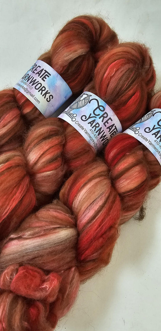 Broken Peach in Merino/ Brown Alpaca/ Camel/ Mulberry Silk blend Top 4oz braid