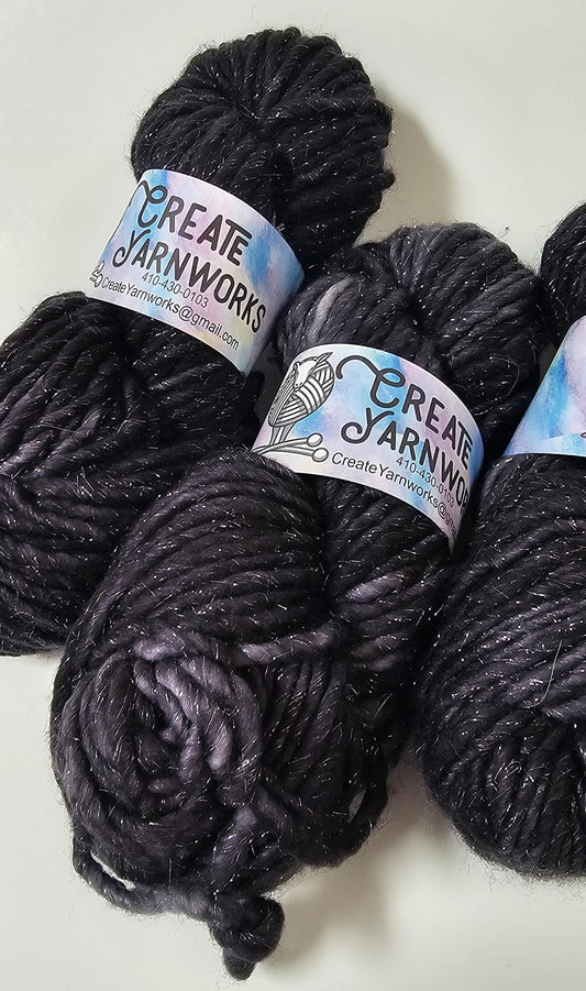 Almost Black in Silver Sparkle Superwash Merino Blend Super Bulky Weight Yarn