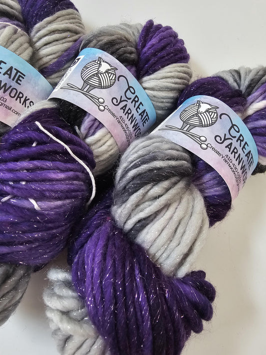 Purple Rain in Silver Sparkle Superwash Merino Blend Super Bulky Weight Yarn