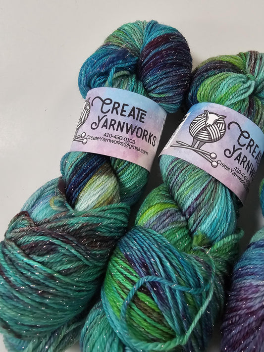 Mermaid Dreams in Silver Sparkle Superwash Merino Blend Fingering Weight Yarn