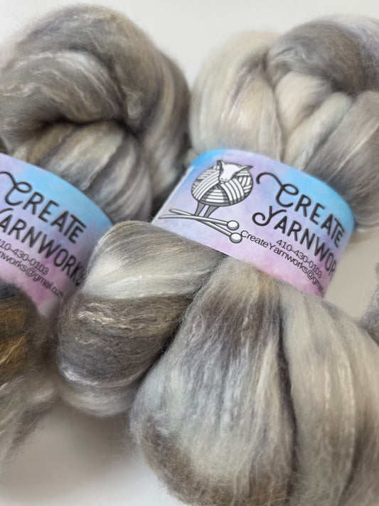 Stormy Skies in Cormo/ Rose Fiber/ Baby Alpaca custom blend Top 4oz braid