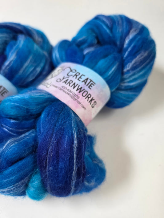 Blue Skies in Cormo/ Rose Fiber/ Baby Alpaca custom blend Top 4oz braid
