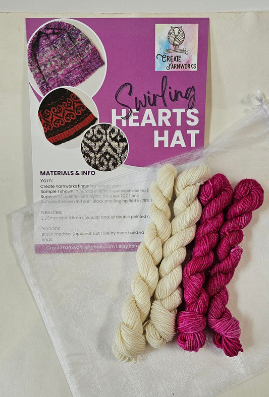 Swirling Hearts Knitted Hat Kit - Pattern and Yarn Included - Cream and Hot Pink Sparkles