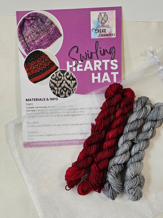 Swirling Hearts Knitted Hat Kit - Pattern and Yarn Included - Ragin' Red and Shades of Grey Sparkle