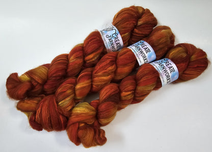 Pumpkin in Merino/ Brown Alpaca/ Camel/ Mulberry Silk blend Top 4oz braid